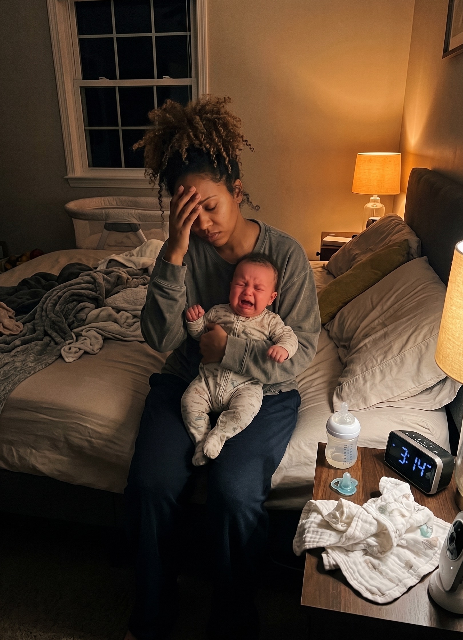A tired mother soothing her crying newborn during a difficult night